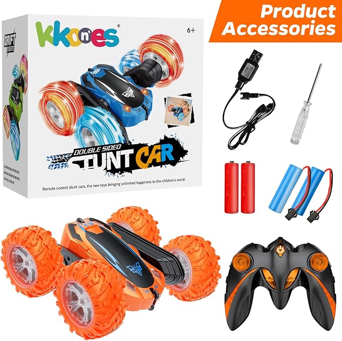 Remote Control Car 2.4GHz Electric Race Stunt Car Double Sided 360° Rolling Rotating Rotation LED Headlights RC 4WD High Speed Off Road Gift for 3 4 5 6 7 8-12 Year Old Boy Toys (Orange)