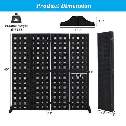 Bonnlo 4 Panel Pegboard Freestanding, 5 FT Portable Display Board Organizer for Craft Show Jewelry, Wooden Folding Privacy Screen Room Divider (with Base, Black)