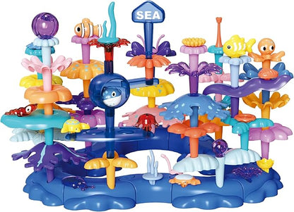 Marine Explorer STEM Building Set with 7 Sea Creatures - 76 Piece Coral Reef Blocks for Preschool Learning Includes Crab Turtle &amp Pufferfish（Ocean-World-L2）