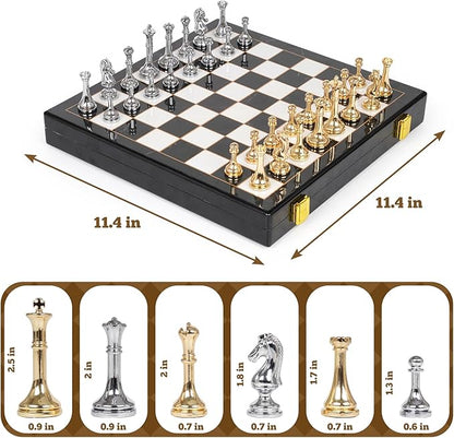 Metal Chess Set for Adults &amp Kids Zinc Alloy Chess Pieces with Marbled Chess Board 11.5 Inch Travel Chess Set with Two Extra Queens Classic Strategy Board Game for Beginners Professionals