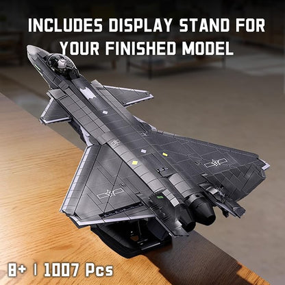 Chengdu J-20 Stealth Air Superiority Fighter Mighty Dragon Building Toy - Military Army Set with Display Stand Includes 1 Toy Soldier - 1:44 Scale 1007 PCS