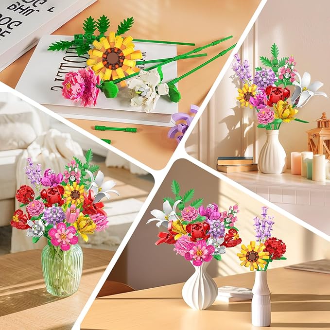Flower Bouquet Building Set Valentines Day Botanical Collection Building Block Toy 1464 PCS 18 Flowers Rose Sunflower Home Plant Decor Birthday Gifts for Adults Women Boys Girls 8-12+