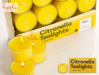Hyoola Tealight Citronella Candles Outdoor, 8 Hour Burn Time, Indoor and Outdoor Mosquito, Insect and Bug Repellent Citronella Candle, Natural Fresh Scent, Decorative in Clear Cup (Pack of 40)