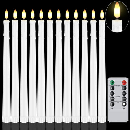 Warmhere 12 Pcs Flameless Taper Candles with Remote Timer, 11" Long Battery Operated Dripping Taper Candles, Flickering 3D Flame, Plastic Fake LED Candlesticks for Home Wedding Party Holiday, White