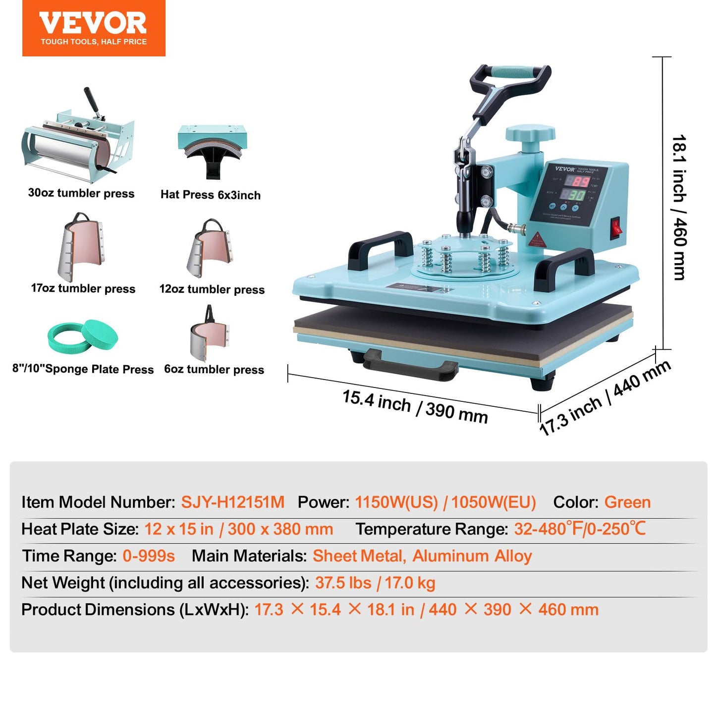 VEVOR 8 in 1 Heat Press with 30 OZ Tumbler Press, Hat Press, 360° Swing Away 12 x 15 inch Heat Press Machine for T-Shirts/Mugs/Hats/Plates, Light Green