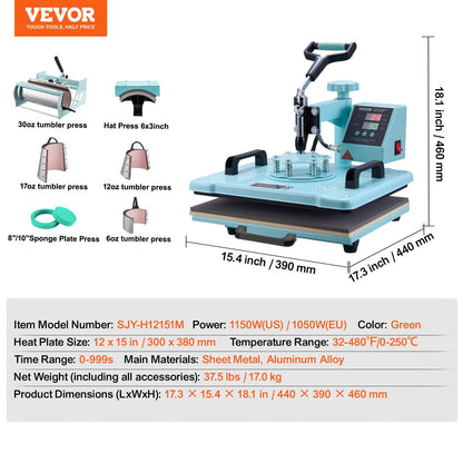 VEVOR 8 in 1 Heat Press with 30 OZ Tumbler Press, Hat Press, 360° Swing Away 12 x 15 inch Heat Press Machine for T-Shirts/Mugs/Hats/Plates, Light Green