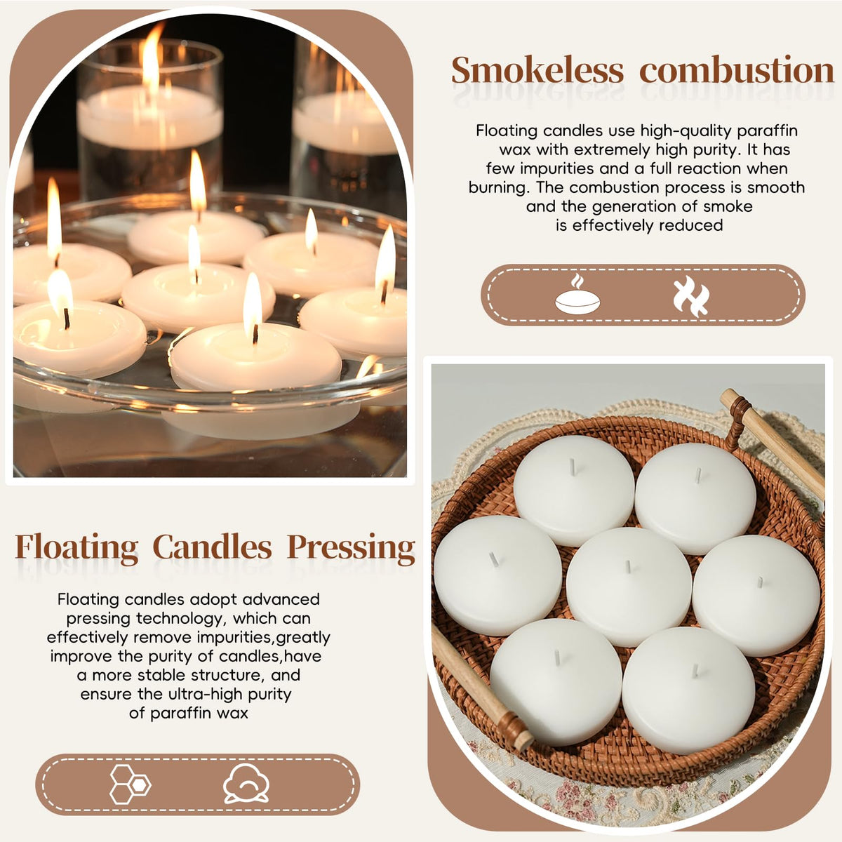 3 inch White Floating Candles 8-9 Hours Floating Candle for Centerpieces 36 Packs Unscented Floating Candles 3” Water Candles for Cylinder Vases, Pool, Wedding