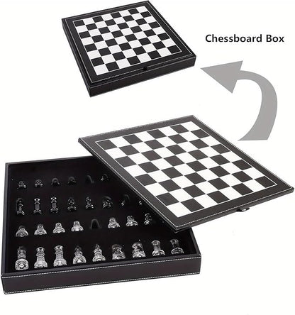 Luxury Glass Chess Set for Adults - 2 Extra Queens Premium Leather Storage Case with 13.2” Chessboard Elegant Board Game Gift