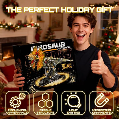 1277 Pcs Mechanical Dilophosaurus Building Blocks Set Steampunk Dinosaur Model with LED Eyes and Manual Linkage Robot STEM Display Gift for Adults&amp Teens