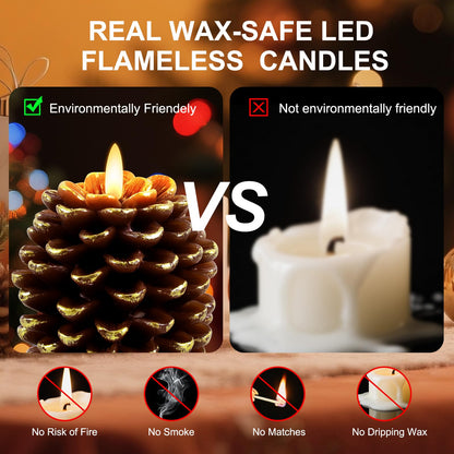 Verdenu 2 Pack Pine Cone Candles, Christmas Real Wax Led Candles with Remote Timer, Flickering Christmas Flameless Candles Battery Operated, Pinecone Candle for Christmas Holiday Decoration