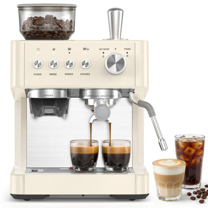 Kndko Espresso Machine with Grinder, 20 Bar Espresso Coffee Machines with Milk Frother Steam Wand, Espresso Maker for Latte, Cappuccino, Hot/Cold Brew, White