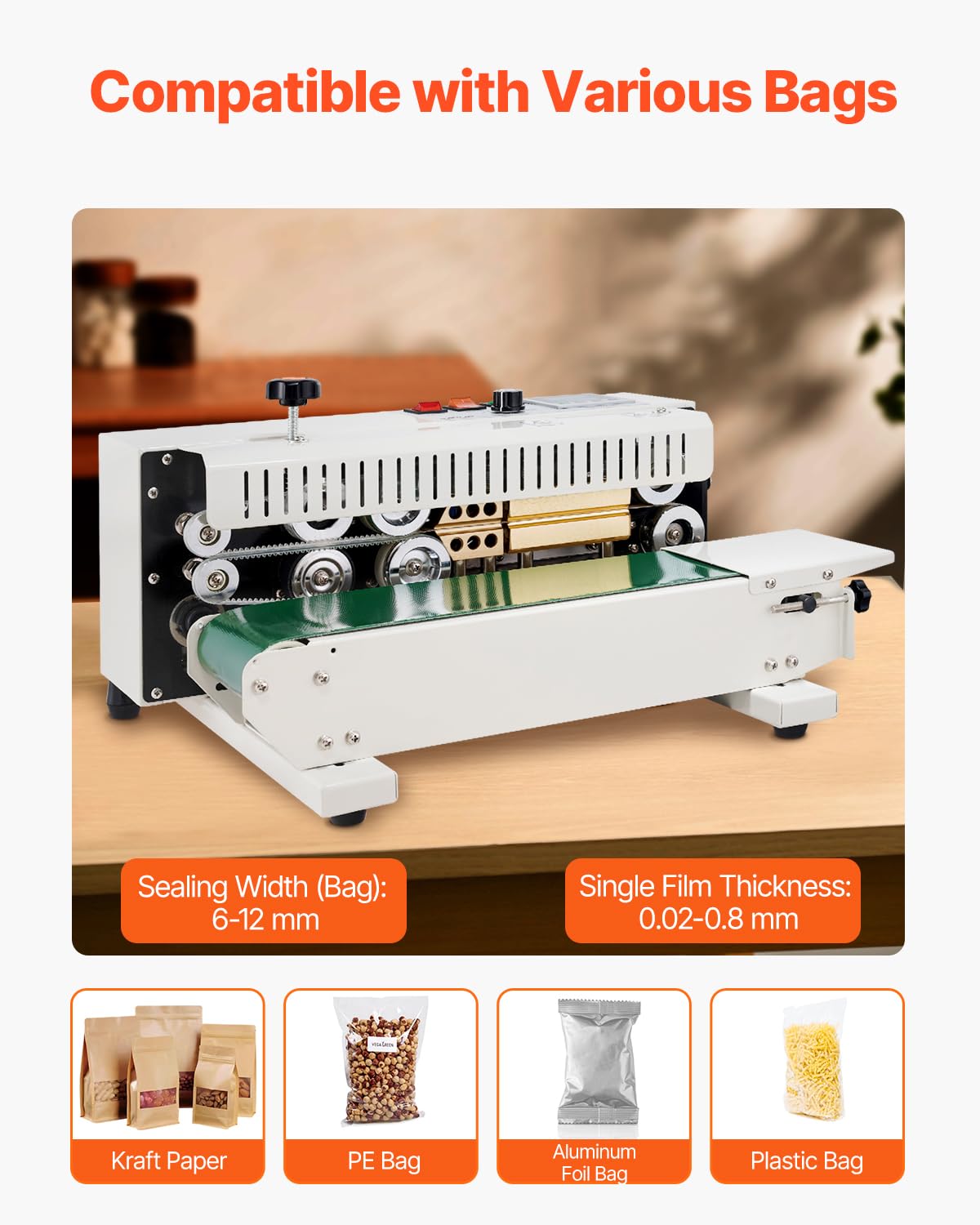 Happybuy FR-900 Continuous Band Sealer, Automatic Horizontal Band Sealer 110V, Continuous Sealing Machine Temperature Control, Bag Sealer Machine for PVC Bags Films