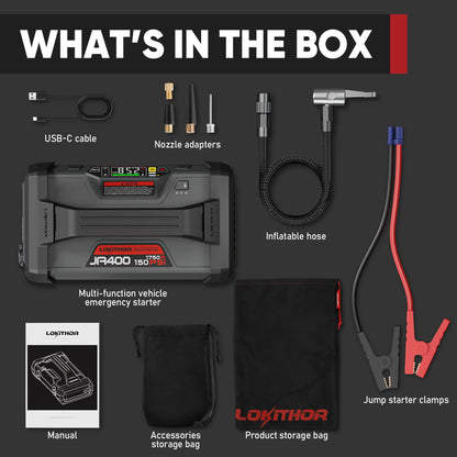 LOKITHOR JA400 1750A 12V Jump Starter with Air Compressor, 60W Two-Way Fast Charing, Lithium Car Battery Starter with 150PSI Digital Tire Inflator, Booster Pack for 7.5L Gas or 5.5L Diesel Engines