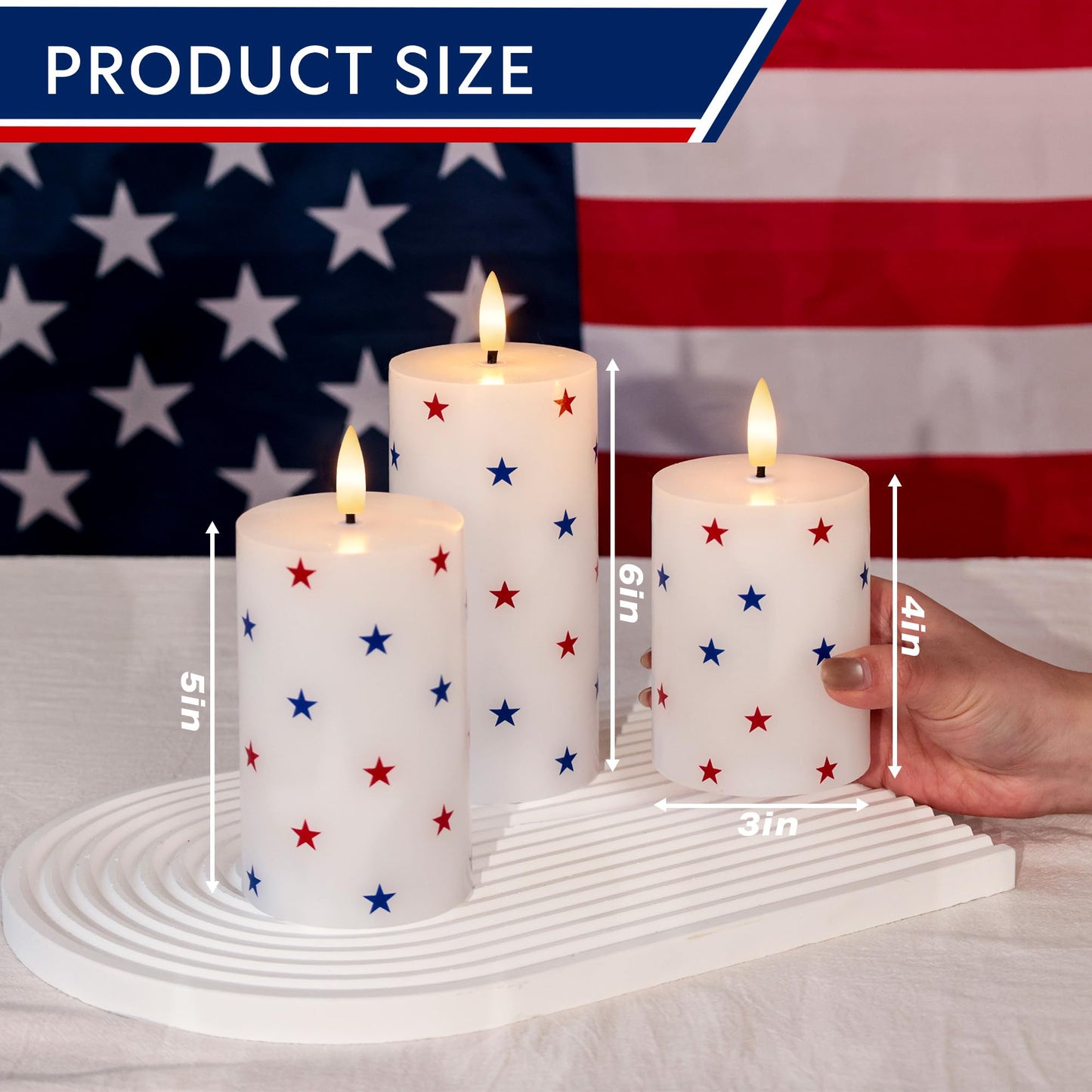 JOIONE 4th of July Flameless Pillar Candles with Remote, 3 Pack Patriotic Battery Operated Real Wax LED Candles, Perfect for Independence Day Home Decorations Fireplace Table, Star Sticker