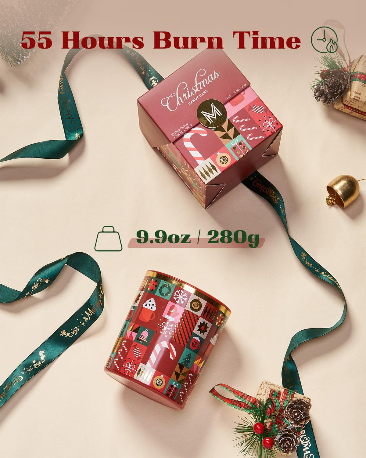 M&SENSE Christmas Candy Cane Scented Holiday Candle for Home, 9.9oz 55Hours Clean Non Toxic Burn, Natural Soy Wax Cotton Wick Fruit Scent, Winter Housewarming Candle Gifts for Women Family Friends
