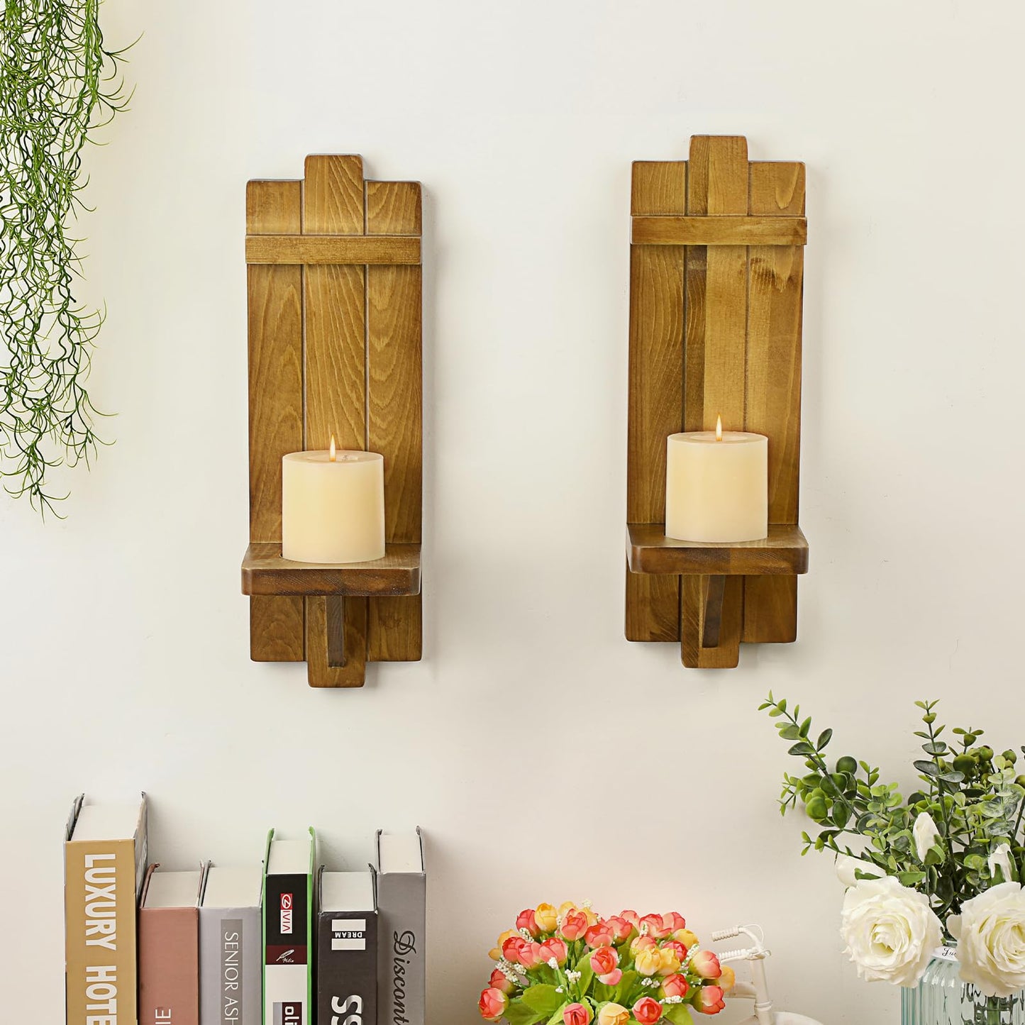 OwnMy Wood Wall Candle Sconces Set of 2, Brown Hanging Pillar Candle Holders Farmhouse Wall Decors, Rustic Candle Sconces Hanging Candlestick Holder for Living Room Fireplace Dining Room Bedroom