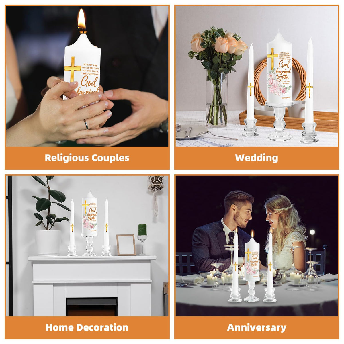 Extrogif Unity Floral Candles with Holder for Wedding Ceremony – Wedding Candle Set with Glass Holders – Elegant Pillar Candles with a Gold Cross and the Matthew 19:6 Verse