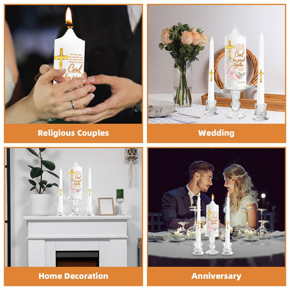 Extrogif Unity Floral Candles with Holder for Wedding Ceremony – Wedding Candle Set with Glass Holders – Elegant Pillar Candles with a Gold Cross and the Matthew 19:6 Verse