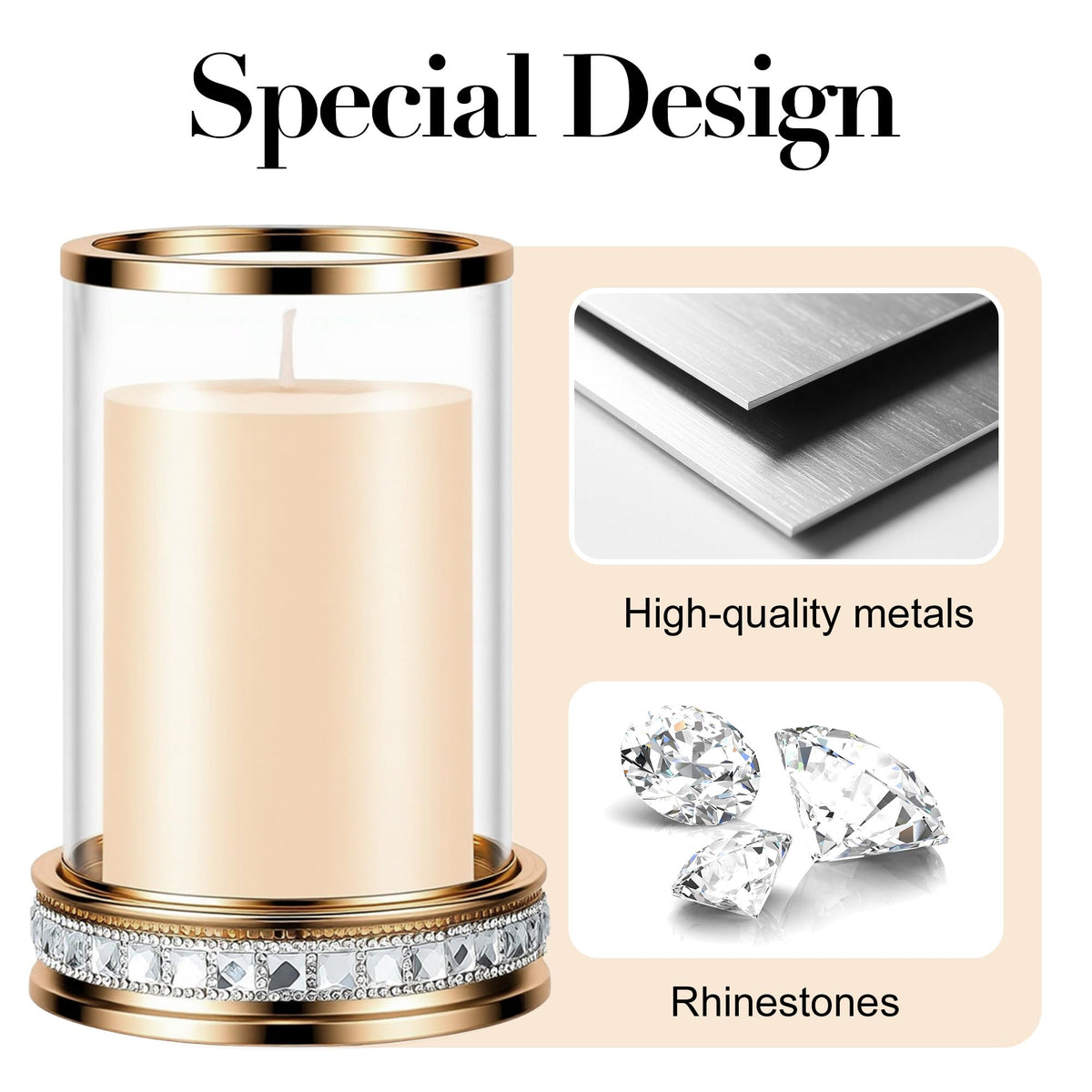 2pcs Hurricane Candle Holder, Pillar Candle Holders with Clear Glass Sleeve, Small Crystal Lantern for Fall Thanksgiving Christmas Holiday Dining Table Centerpiece (Gold)