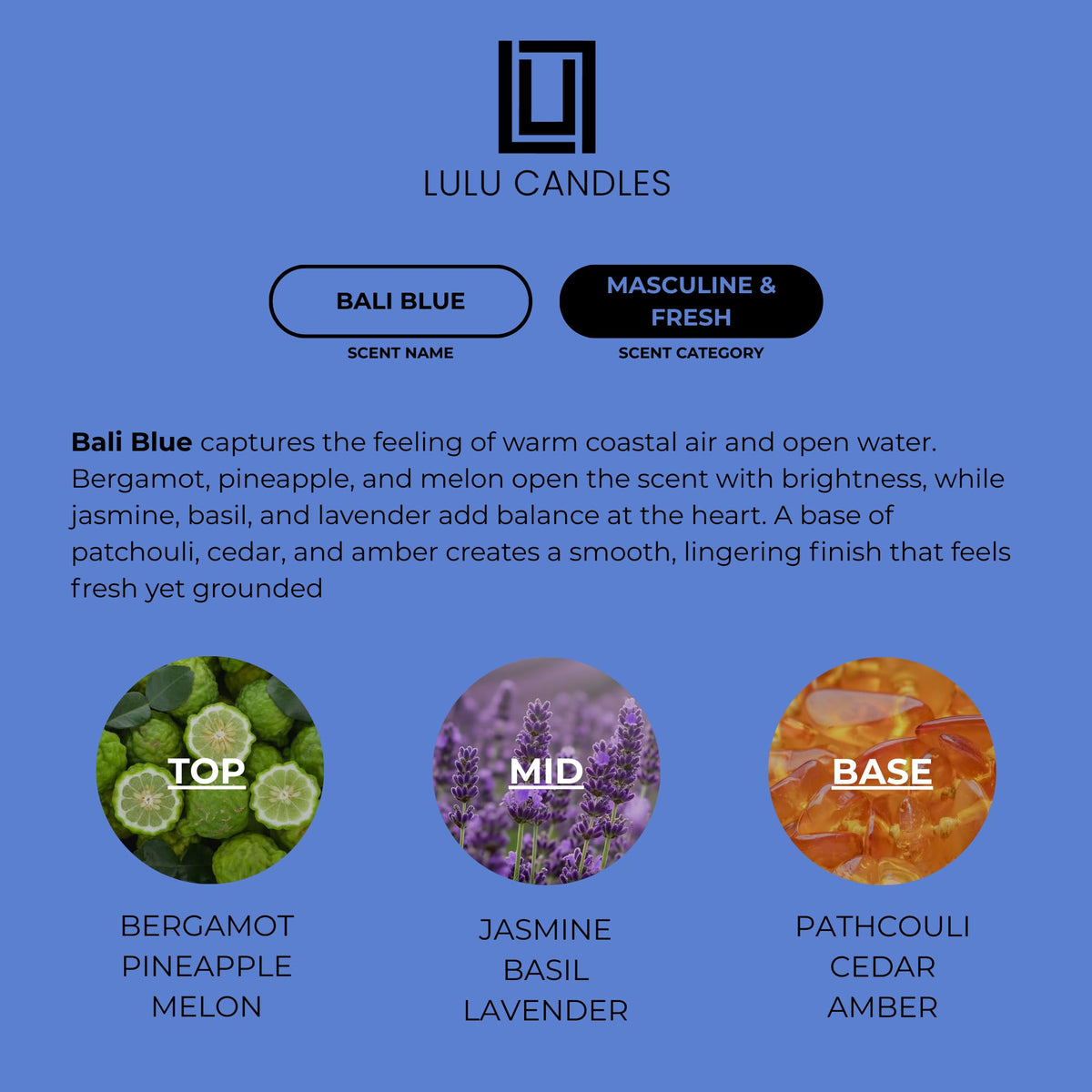 Lulu Candles | Bali Blue | Smells Manly & Fresh | Luxury Scented Soy Jar Candle | Hand Poured in The USA | Highly Scented Long Lasting (9 Oz.)