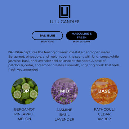 Lulu Candles | Bali Blue | Smells Manly & Fresh | Luxury Scented Soy Jar Candle | Hand Poured in The USA | Highly Scented Long Lasting (9 Oz.)