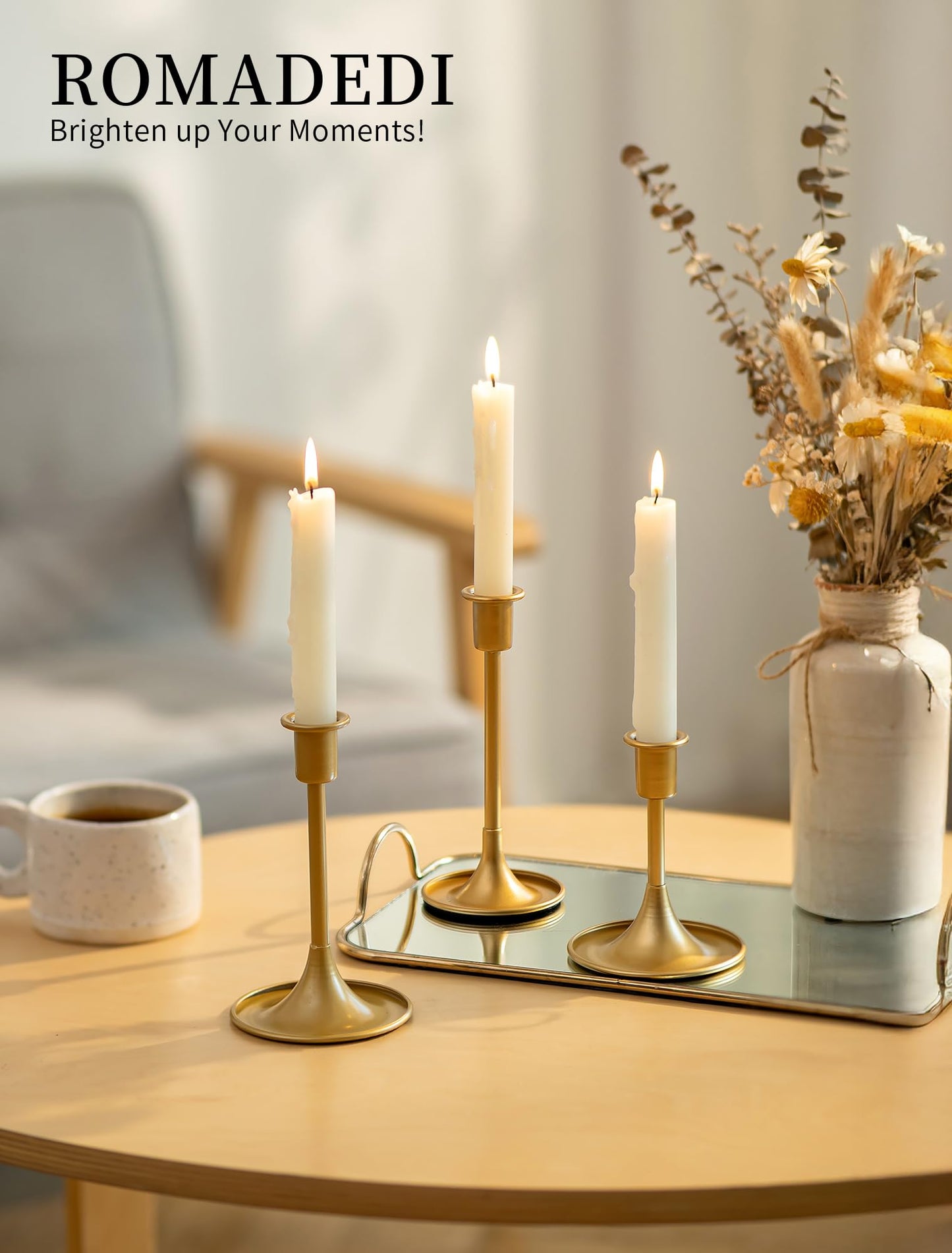 Romadedi Gold Candlestick Candle Holders - Set of 3 Taper Holders Candle Stick for Wedding Table Centerpiece Festive Christmas Mantel Decoration Home Decor