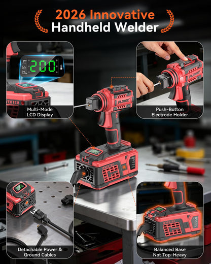 PLOWIC Portable Welding Machine:【2026 Upgraded】110V Handheld Welder with Balanced Design, LCD Display & 3 Modes (MMA/Hot Start/Arc Force), 200A IGBT Inverter ARC Welder Gun Fits 1/16"-1/8" Rods, Red
