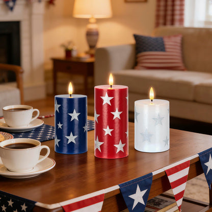 4th of July Flameless Pillar Candles with Remote, 250th Anniversary Patriotic Red White and Blue Battery Operated Candle with Star Sticker, Independence Day Decorations for Home Party Table Fireplace