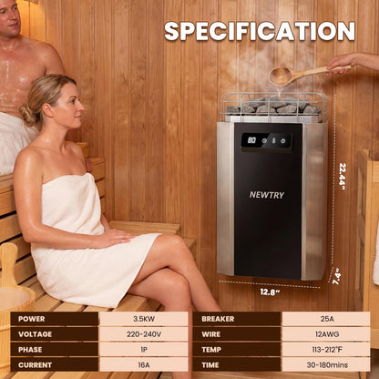 NEWTRY 3.5KW Sauna Heater Digital Electric Sauna Heaters 220V Dry Sauna Stove for Max. 141 Cu.ft Home Spa Hotel Sauna Room
