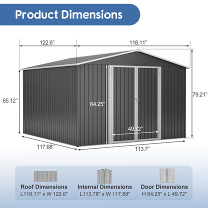 10'x10' Galvanized Steel Outdoor Storage Shed with Lockable Sliding Double French Doors & Top Air Vents, Large Heavy-Duty Garden Tool Shed, Black