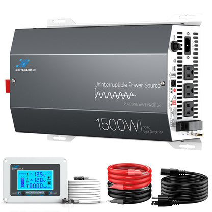 1500W Sump Pump Battery Backup System, Pure Sine Wave Power Inverter with Charger, Backup System for Power Outage, LCD Screen Remote Controller, Automatic Switching for Grid and Battery