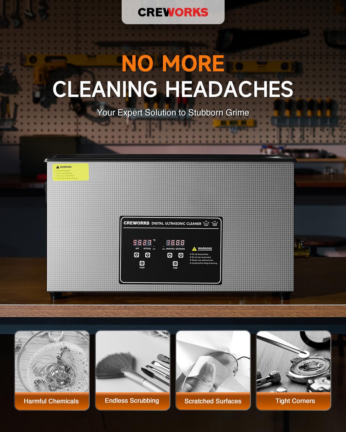 CREWORKS 10L Digital Ultrasonic Cleaner for Elongated Objects, 240W Professional Ultrasonic Parts Cleaner with Heater and Timer, 2.6 gal Lab Ultrasound Cleaner Machine for Gun Part Machine Auto Tool