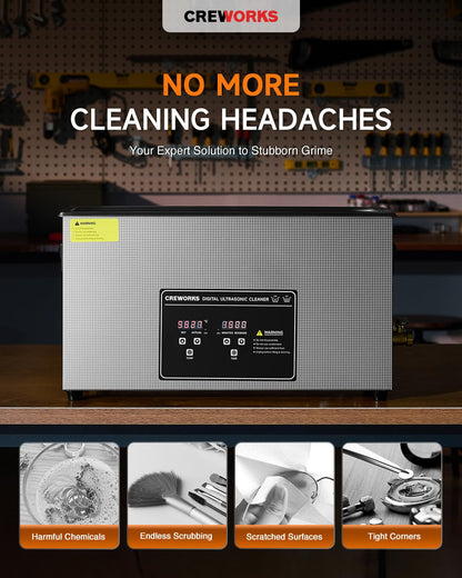 CREWORKS 10L Digital Ultrasonic Cleaner for Elongated Objects, 240W Professional Ultrasonic Parts Cleaner with Heater and Timer, 2.6 gal Lab Ultrasound Cleaner Machine for Gun Part Machine Auto Tool