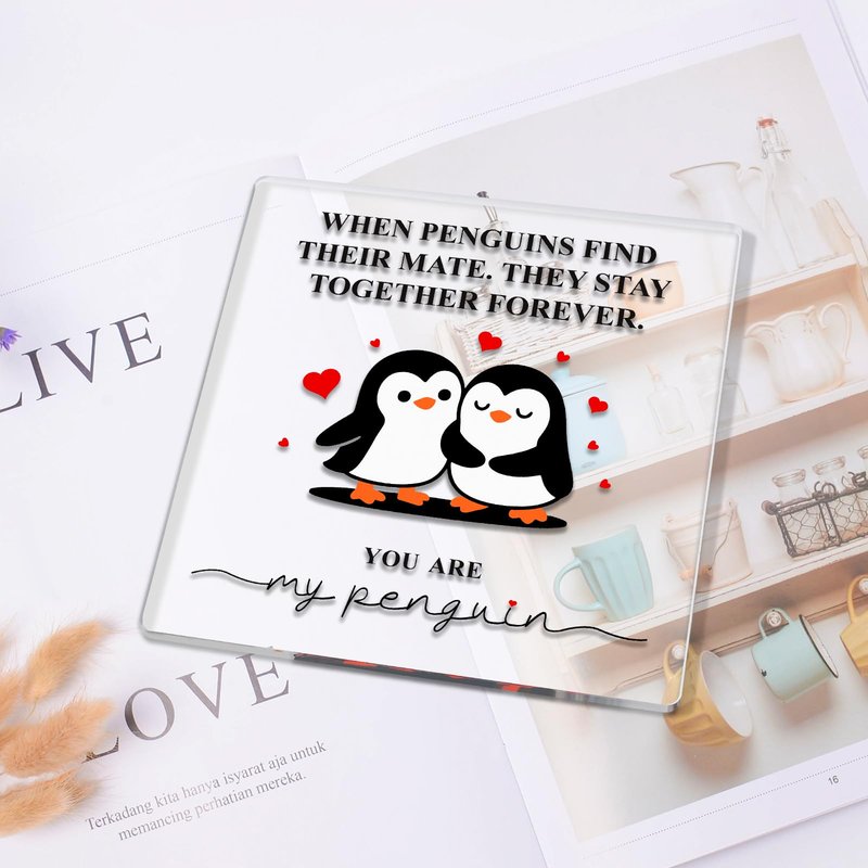 Atichwem Romantic Penguin Acrylic Plaque with Wooden Stand, 5.9×5.9 Inch Clear Acrylic for Home Office Decor, Wedding Engagement Anniversary Birthday Valentines Day Gifts for Couples Him Her