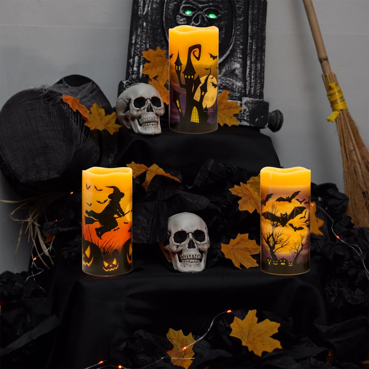 DRomance Rechargeable Halloween Flameless Candles Battery Operated with 6 Hour Timer Real Wax Flickering LED Pillar Candles Bats Witch Pumpkin Dinner Halloween Indoor Deocration(3 Pack, 3" D x 6" H)