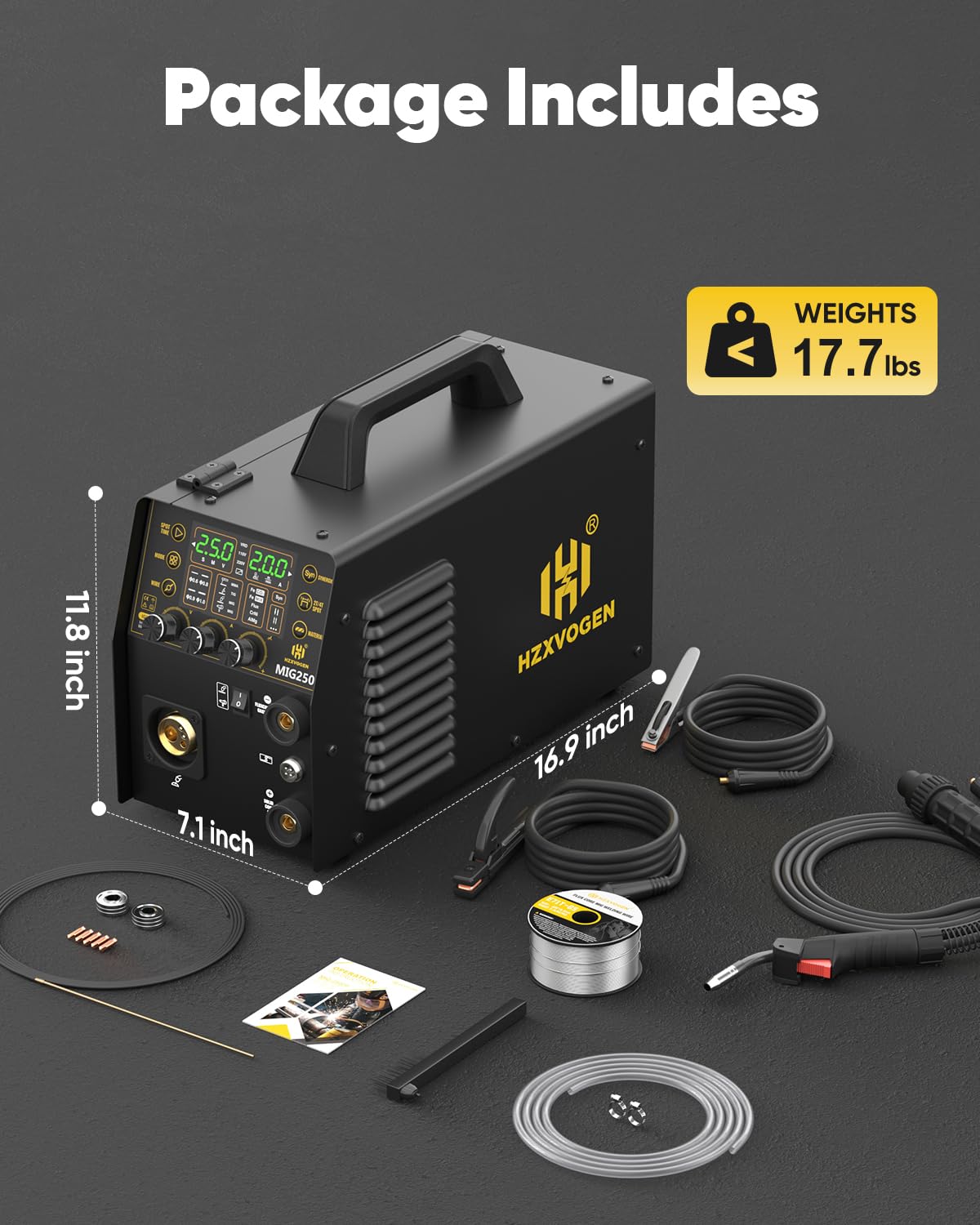 H HZXVOGEN MIG Welder, 250Amp 6 in 1 Gas MIG/Flux Core MIG/Stick/Lift TIG/Spot welding/Spool Gun 110V/220V Aluminum Multi Process Professional Welding Machine with LED Digital Display, 2T/4T