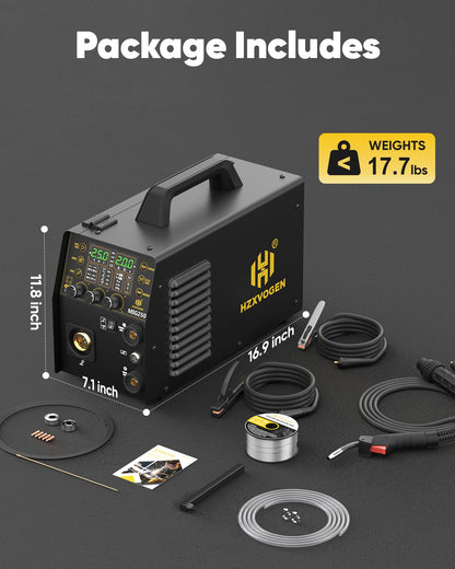 H HZXVOGEN MIG Welder, 250Amp 6 in 1 Gas MIG/Flux Core MIG/Stick/Lift TIG/Spot welding/Spool Gun 110V/220V Aluminum Multi Process Professional Welding Machine with LED Digital Display, 2T/4T