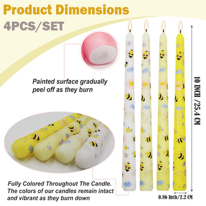 Bee Taper Candles 10 Inch 4 Pack, Unscented Yellow Floral Candlesticks, Decorative Tapered Candles for Candle Holders, Spring Table Decor, Mother’s Day, Wedding Party(AY1)