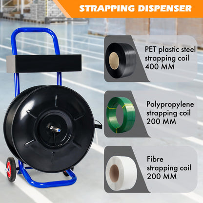 Heavy Duty Strapping Dispenser for 8" x 8" Poly and Steel Strapping -Strapping Cart with Spacious Tray for Strapping Tool Seals and Gloves