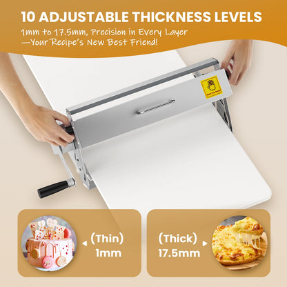 Huanyu Manual Dough Sheeter 15.7”, 10 Adjustable Thickness 0.1mm-17.5mm, Tool-Free Assembly, for Home Bakers & Small Bakeries, Croissant, Pizza, Pasta, Fondant
