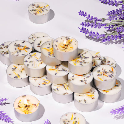 8 Pcs Lavender Scented Tealight Candles, 6H Long Burning - 100% Palm Wax Based Scented Tea Lights with Dried Flowers, Non-Toxic/Smokeless Tea Lights Candles for Spa, Bath, Wedding