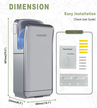 FEEGOO Commercial Vertical Hand Dryer – High-Speed Drying with HEPA Filtration & Stable Operation for Offices, Restrooms & High-Traffic Facilities,Silver