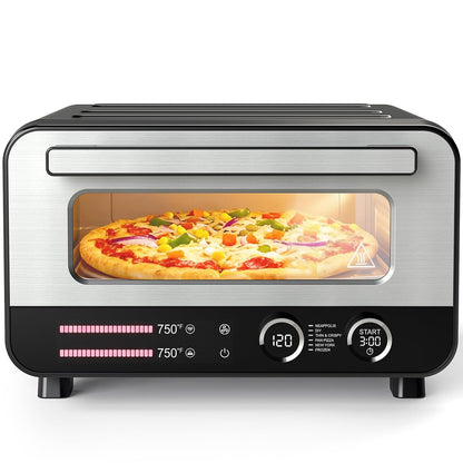 NEWBULIG Pizza Oven Indoor, Electric Pizza Maker Countertop with 6 Presets, Heats to 750°F, 1600W, Makes 12.6'' Pizzas, Includes Stone & Spatula, Touchscreen & Mechanical Control Knobs