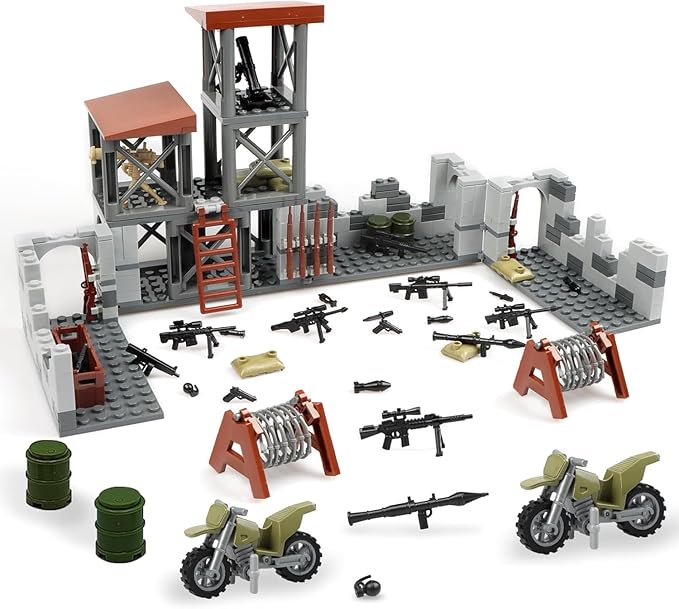 Finger Rock Military Base Building Block Set WW2 Army Mini War Accessories Kits Military Ruins Guard Tower Guns Army Supplies Block Toy for Teens Adults 14+