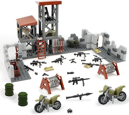 Finger Rock Military Base Building Block Set WW2 Army Mini War Accessories Kits Military Ruins Guard Tower Guns Army Supplies Block Toy for Teens Adults 14+