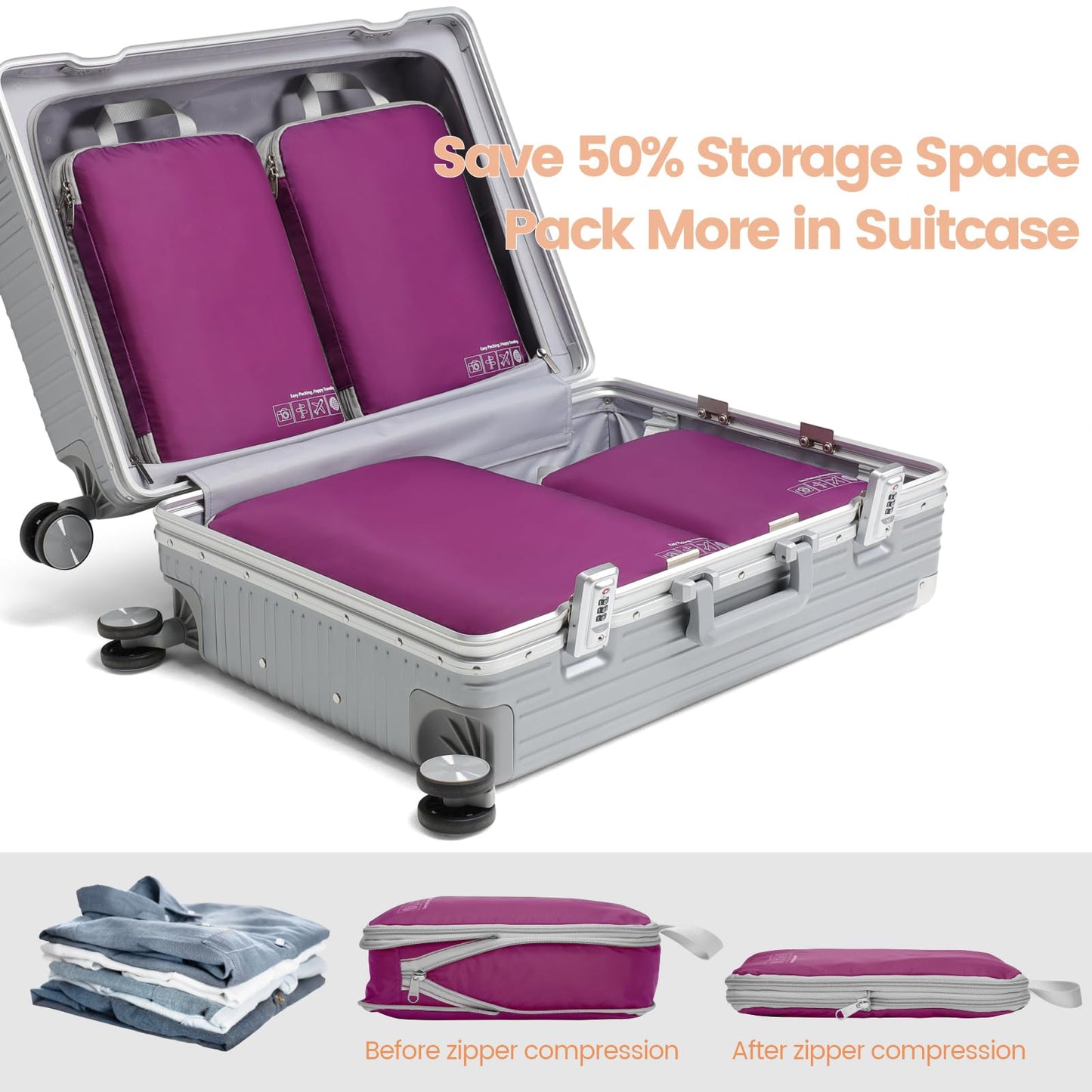 Cambond Compression Packing Cubes for Travel Women - 4 Pack Luggage Packing Organizers Vacation Travel Essentials Accessories Bags Compression Cubes for Carry on Suitcases, Purple