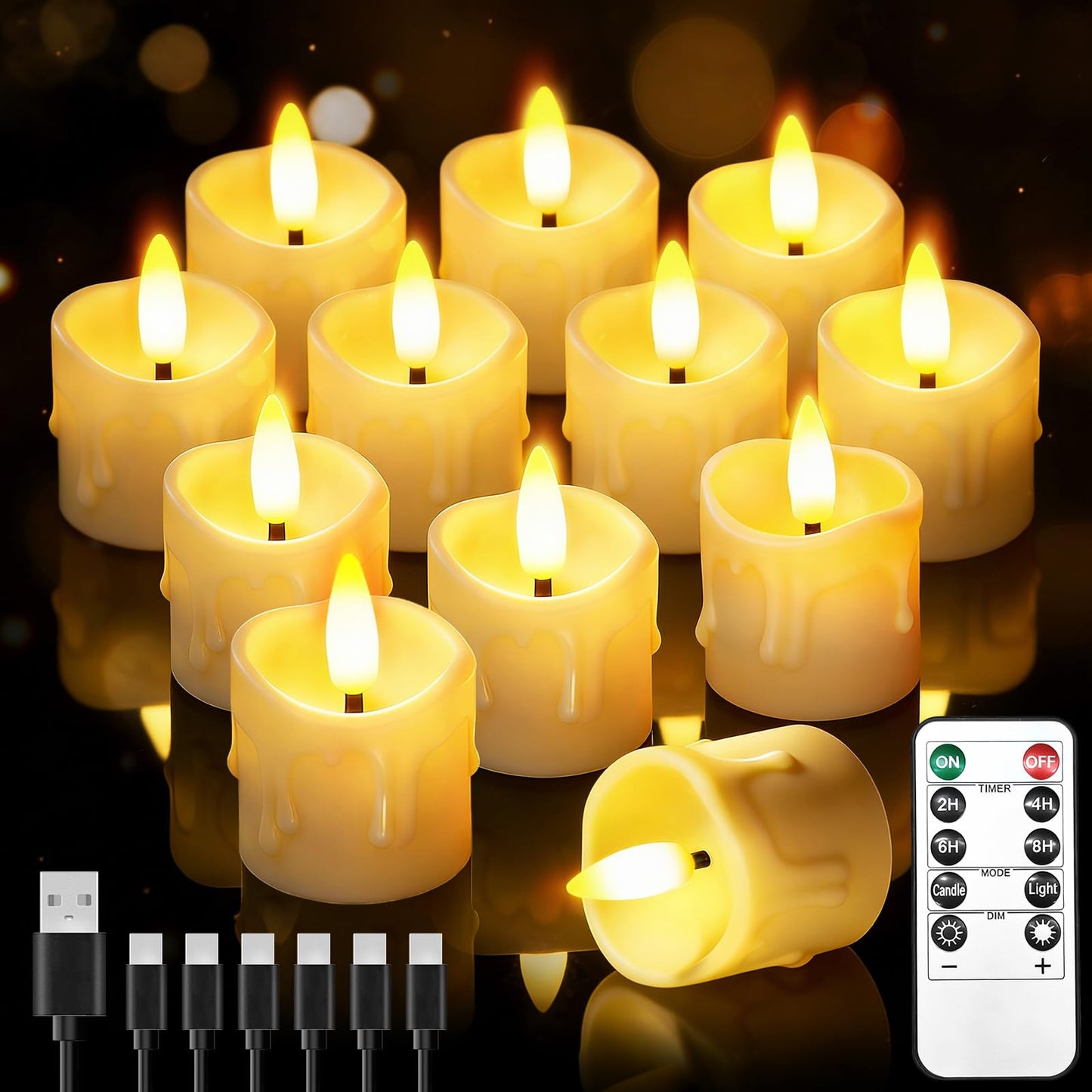 CAQUIRU Rechargeable Flameless Candles with Remote Timer, 1.5"x2" LED Tea Lights Candles Battery Operated, Electric Fake Flickering Votive Candles for Home Table Aniversary Wedding Decor (12 Pack)