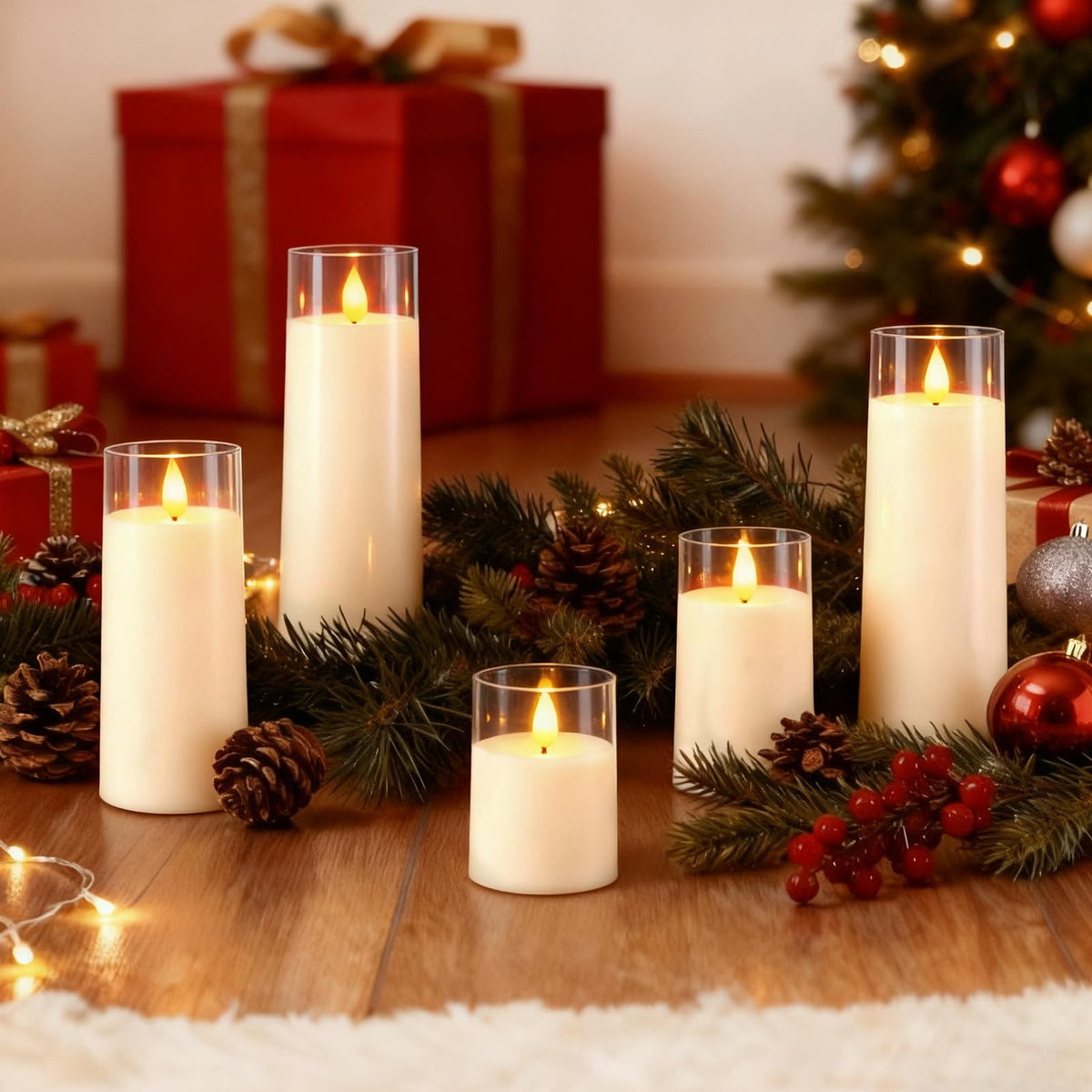 Raycare Flameless Candles Battery Operated with Remote Timer, Acrylic Flickering LED Pillar Candle for Valentine's Day, Home Decor, Gift for Family and Friend, White, Set of 5
