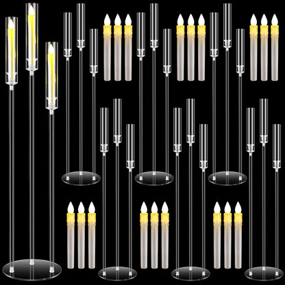 Havawish 6 Set Acrylic Candelabra Centerpieces 3 Arms with 18 LED Candles 42.5'' Floor Tall Candle Holders with Acrylic Shade Wedding Clear Table Candlesticks Stand Fit 0.8'' for Party