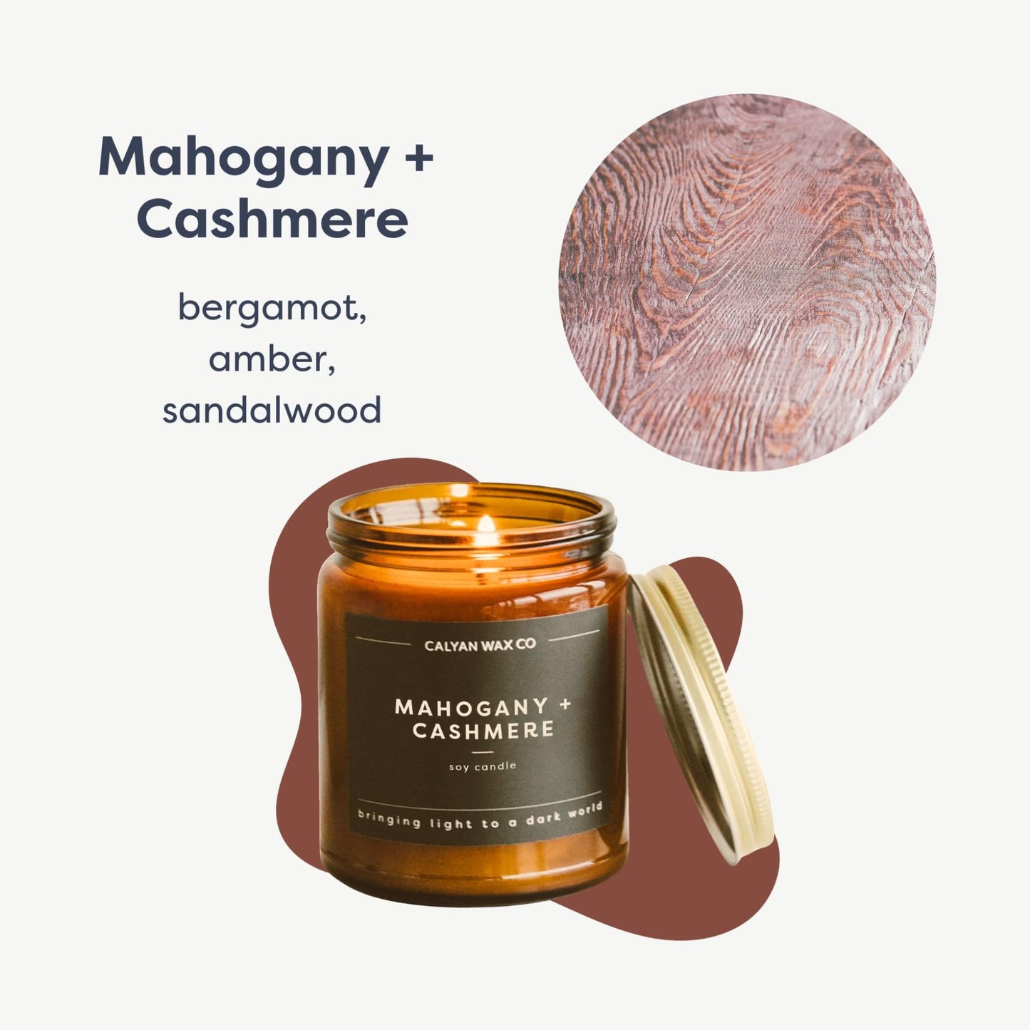 Calyan Wax Co. Mahogany & Cashmere Scented Candle - 57 Hour Burn - Luxury Clean Soy Wax Candles - Long Lasting Amber Glass Jar Candle for Home - 7.2oz